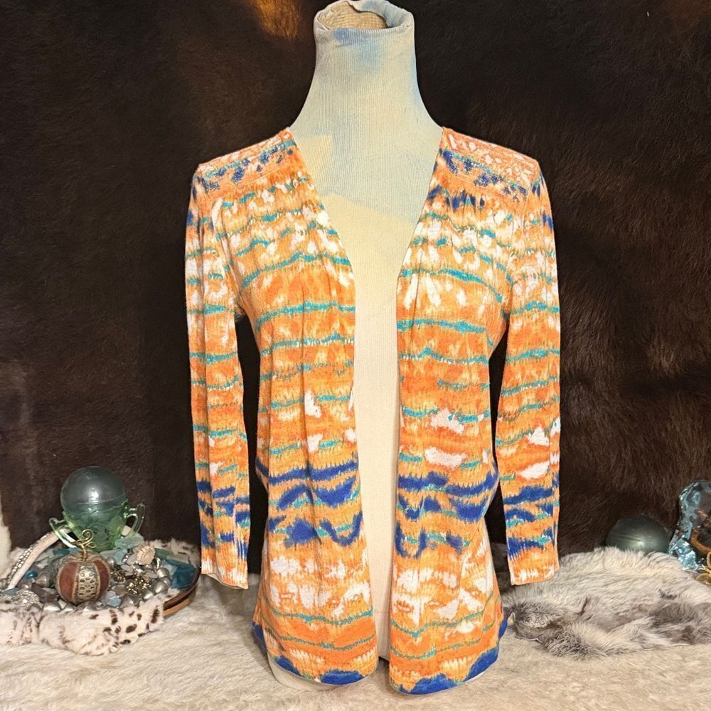 Chico's Orange Blue Green Patterned Open Cardigan 0/S (3200)